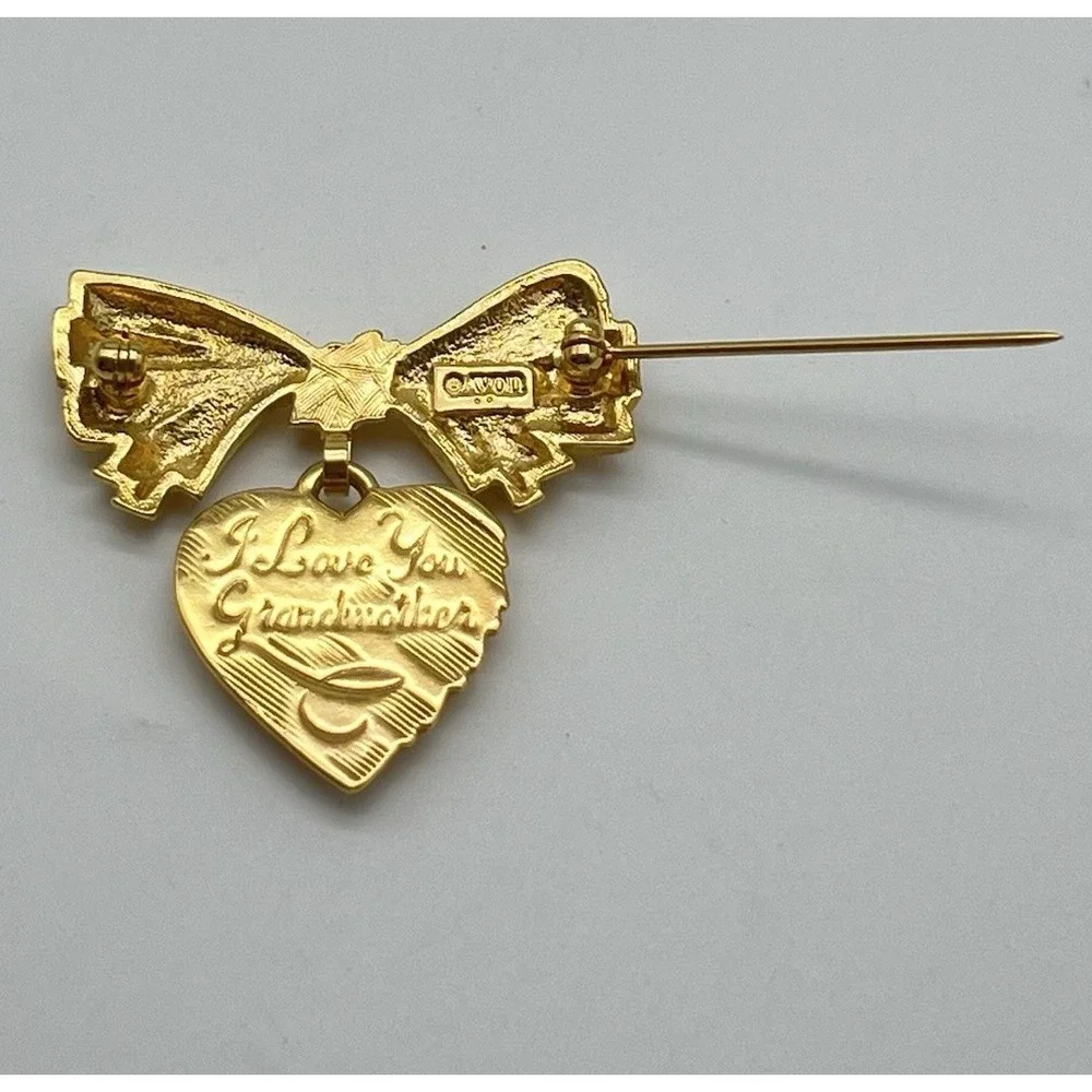 Vintage Avon I Love You Grandmother Brooch Heart And Bow‎ Pin Gold Tone
